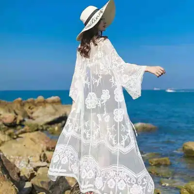 White Lace Mid-Length Seaside Cardigan Jacket