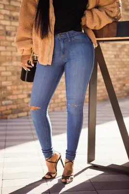 Ladies Slim Fit Ripped Jeans Pencil Pants High Stretch Blue
