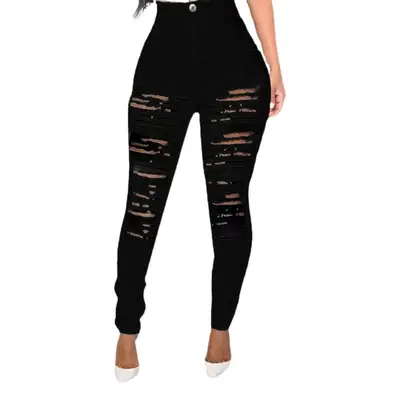 Black Mesh Top & White Ripped Skinny Pants Set