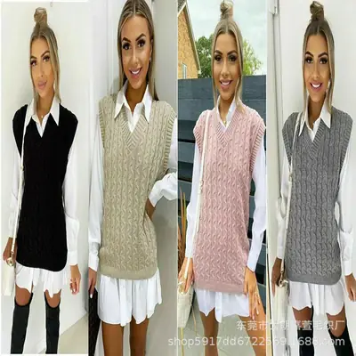 Black V-Neck Sleeveless Vest with White Collar Top