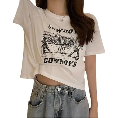 Women Retro Cowboy Print Short Sleeve T-Shirt Black 2025