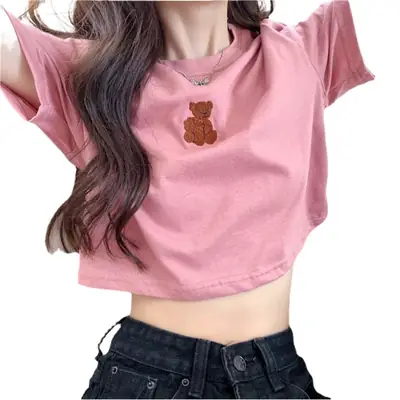 2025 Summer Korean Style Short Cropped Bear Embroidery T-Shirt