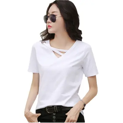 New Short Sleeve Women Grey V Neck T-Shirt