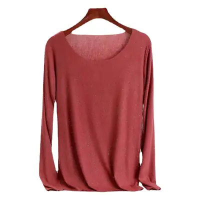 Women Long Sleeve Beige T-Shirt Round Neck Slim Fit