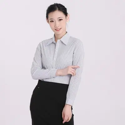 Women's Stretch Black Striped Collar Shirt Long Sleeve