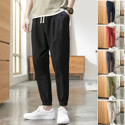 Men Linen Casual Pants Loose Fit Sports Pants