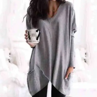 Women's Blue Long Sleeve Irregular Pocket T-Shirt