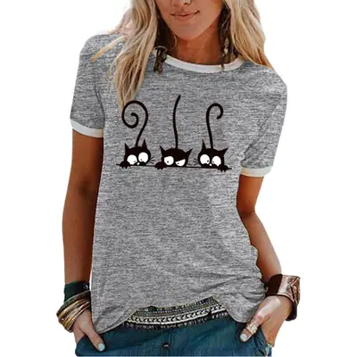 Women Pink Cat Print T-Shirt Short Sleeve