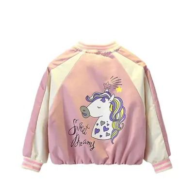 Girls' Unicorn Graphic Baseball Coat Blue White Large