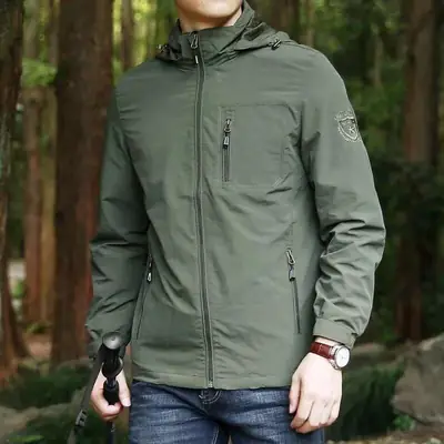 Men Hooded Spring Coat Olive Green 2023 Large Multi-Pocket