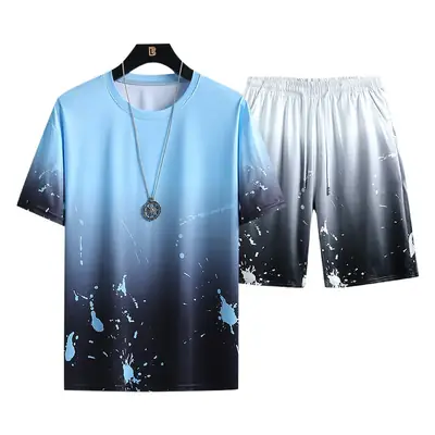 Men Gradient Print Summer Shorts Set Blue Grey