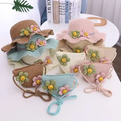 Baby Sunshade Fisherman Hat with Flower Straw Bag