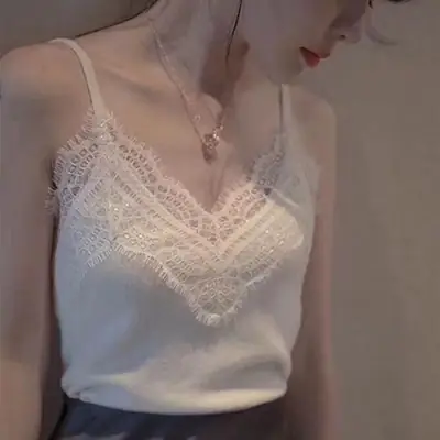 Black Lace Eyelash Backless Vest Base Shirt Sleeveless Top Elastic Ice Silk Knitted