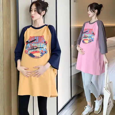 Pregnant Women's Pink Yellow Graphic T-Shirt Mid-Length Loose Fit