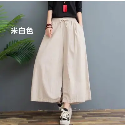 2024 Red Wide Leg Cotton Linen Pants for Women