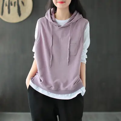 Women Grey Cotton Hooded Vest Spring Autumn Casual Vest