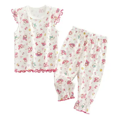 Children's Cotton Printed Pajama Set White Ruffled