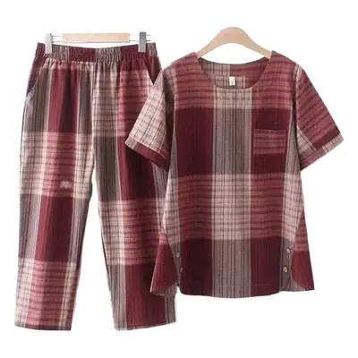 Korean Plaid Women's Summer T-Shirt Green Brown Large