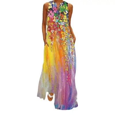 2026 Summer V-Neck Sleeveless Dress Multi-Color Butterfly Print