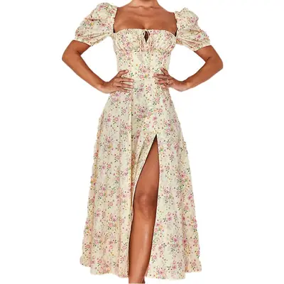 Green Floral Puff Sleeve Tie Dress for Women