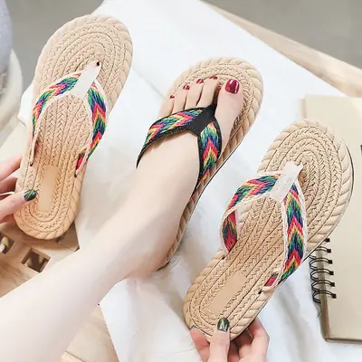 2022 Straw Imitation Travel Hemp Sole Korean-tide Flip-flops Beach Flat Low Heel Flip-flops Women's Sandals for Outer Wear