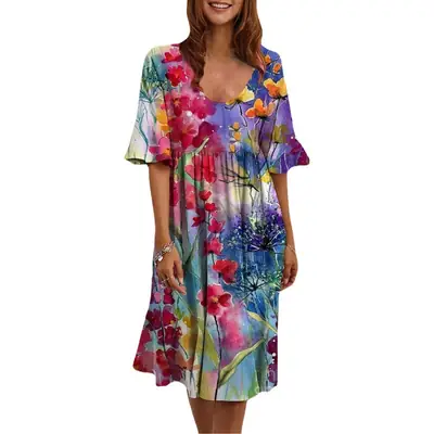 Multicolor Printed Crewneck Dress for Women