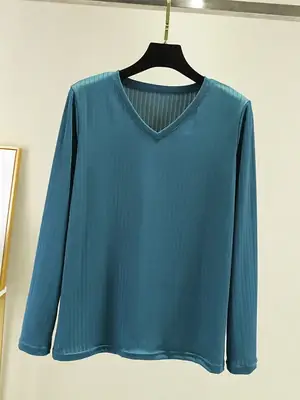 Women Grey V-Neck Long Sleeve T-Shirt