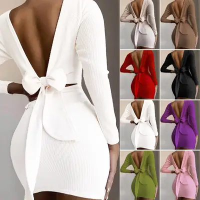 White Bow Backless Long Sleeve Mini Dress