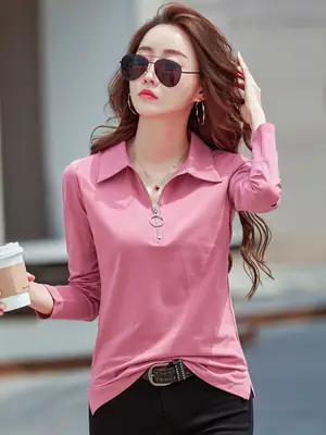Women Korean Style White Cotton Polo Shirt Long Sleeve Slim Fit