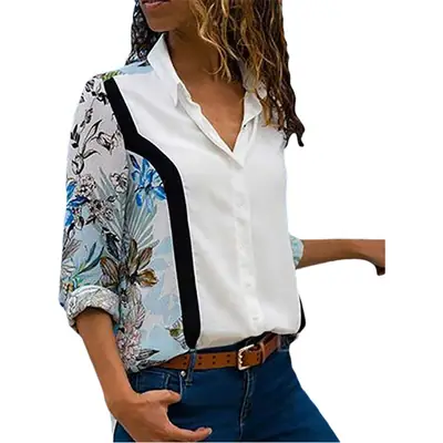 Women Blue White Chiffon Long Sleeve Shirt with White Pants