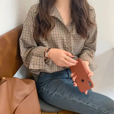 Women Retro Plaid Long Sleeve Shirt Brown Loose Fit
