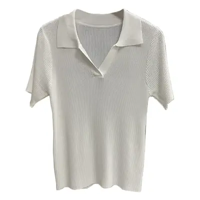 Women V-neck Knitted Polo Shirt Slim Fit Summer