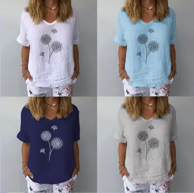 Light Blue Dandelion Print Cotton Top for Women