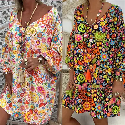 Women V-Neck Printed Long Dress Large Size 2021