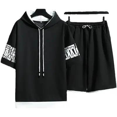 Men Yellow Hooded Shorts Set 2021 Summer Casual Sports Wear