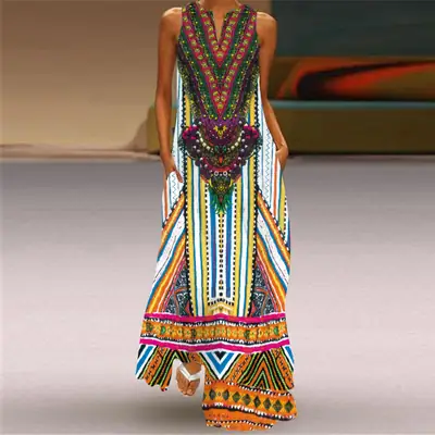 2026 Women's V-Neck Printed Long Dress with Sleeveless Pocket