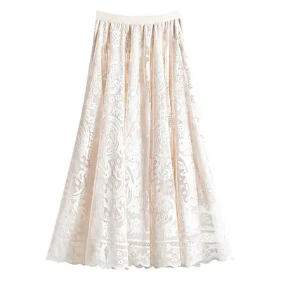 French Lace Midi Skirt Women White 2021 Spring