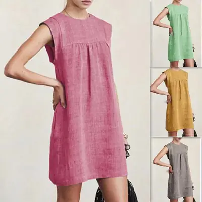 Grey Sleeveless Loose Summer Dress Cotton Linen