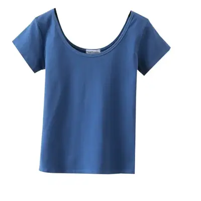 Women Blue Slim T-Shirt Large U-Neck Short Sleeve