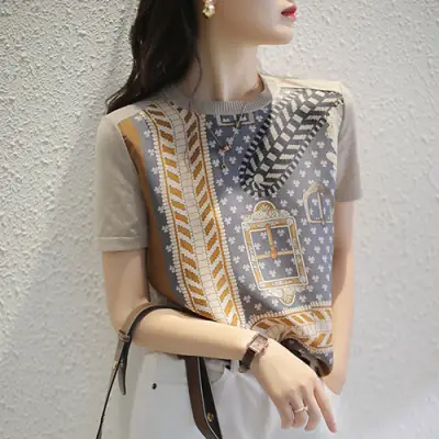Women Printed Chiffon T-Shirt Spring Summer Elegant Twill