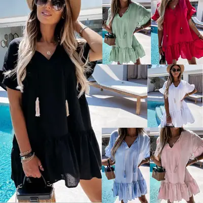 Light Blue V-Neck Ruffled Dress for Women