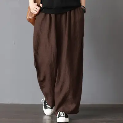 Women Cotton Linen Wide Leg Trousers Mid Waist 2022