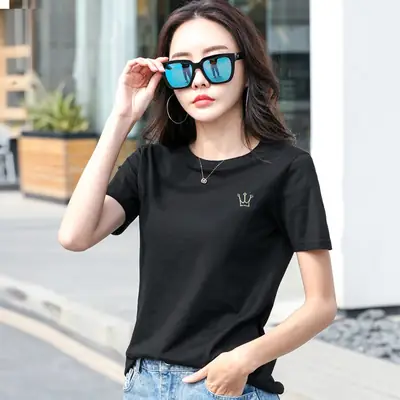 Women Cotton Round Neck T-Shirt Light Purple Loose Fit