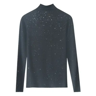 Women Black Sequin Semi-Collar T-Shirt Spring Autumn