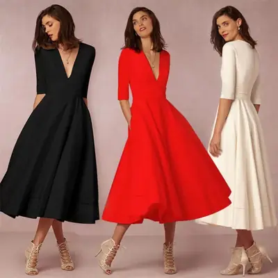 Cross-border Evening Dress V-Neck Banquet Solid Color Mid-length Dress for Women