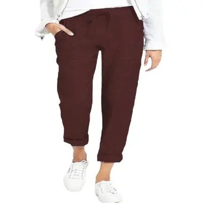 Women Drawstring Linen Pants Navy Blue Cropped