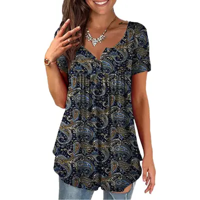2025 Cross-Border Women's Printed Henley Shirt Short Sleeve