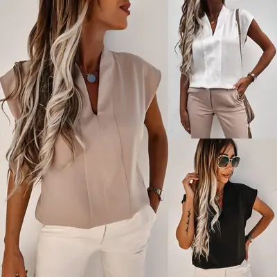 White V Neck Sleeveless T-Shirt for Women