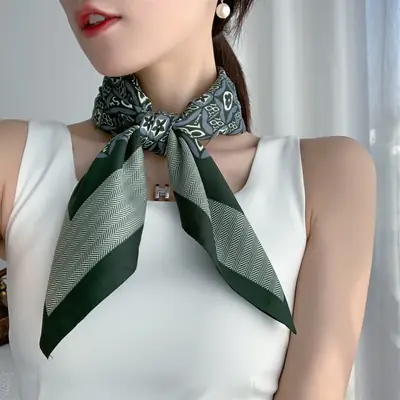 Muslim Women Silk Scarf 90cm Green Patterned