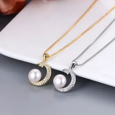 Japanese Korean Moon Freshwater Pearl Pendant Silver Gold
